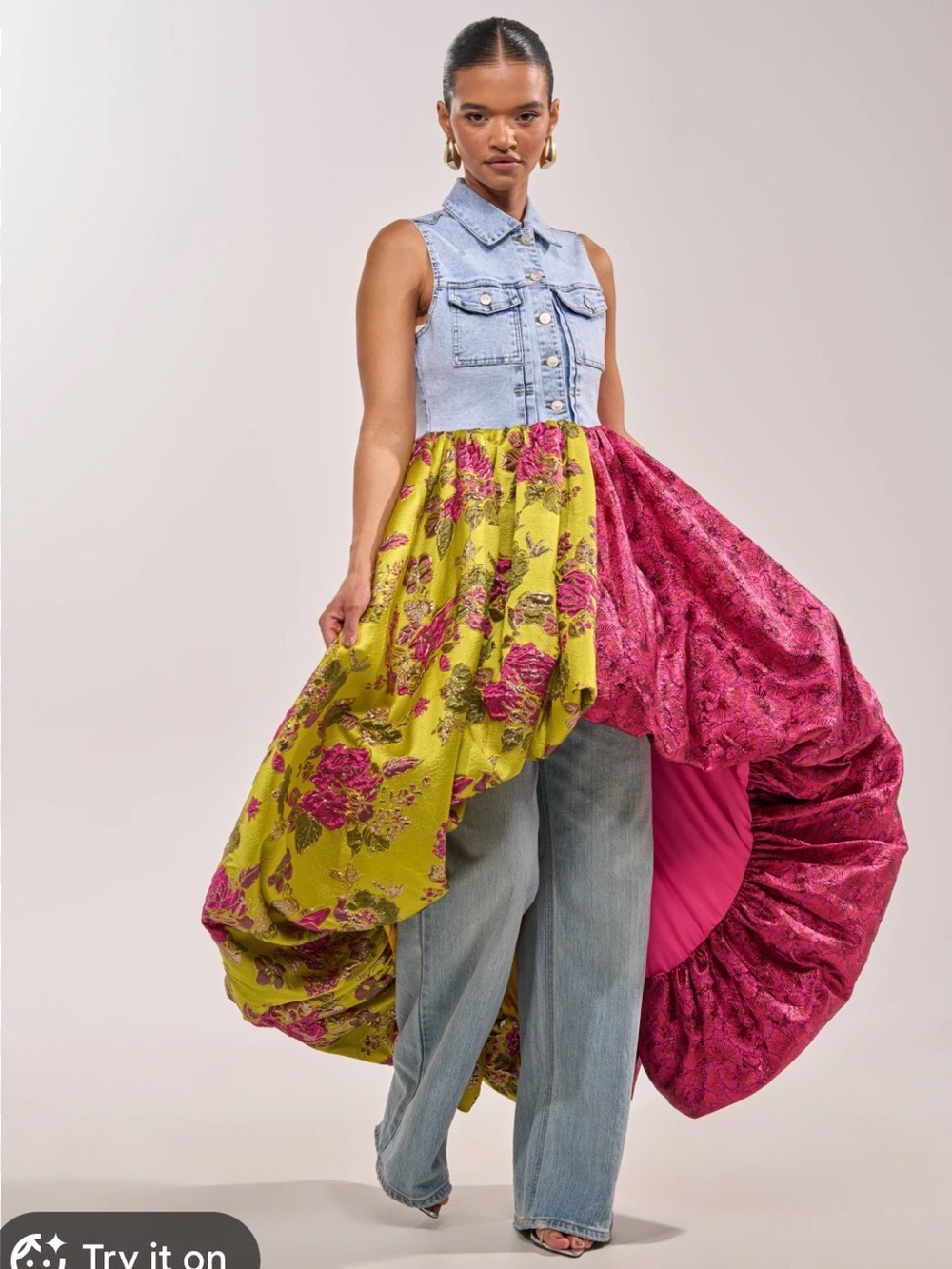 AKIRA Denim Vest Colorblock Maxi Skirt - Yellow, Pink, Fuchsia - Picture 3 of 3